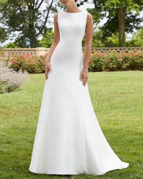 

a-line wedding dresses jewel neck court train lace satin sleeveless simple with, White