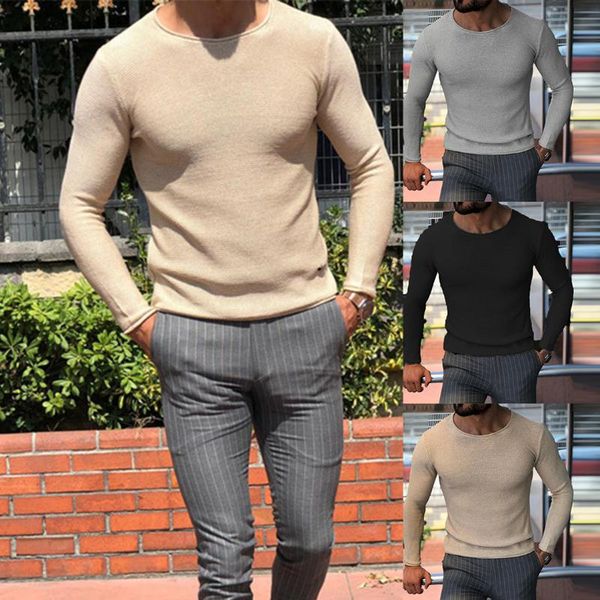 

men's sweaters men solid color sweater round neck silm fit long sleeve wild, White;black