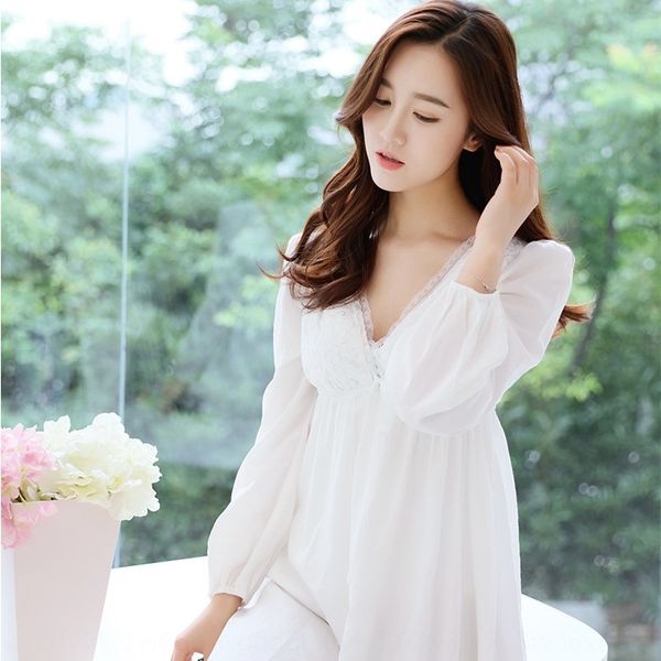 

2019 new court female summer and autumn nightgown princess pajamas court style pajamas, Blue;red