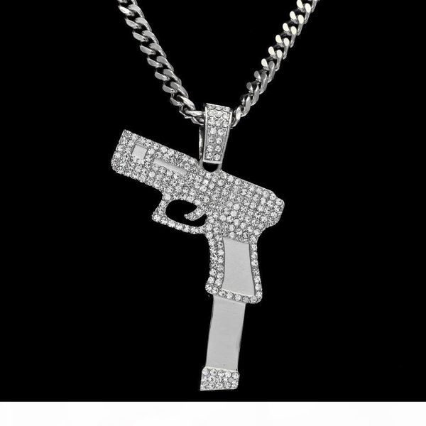 

r mens hip hop punk alloy gold silver plated iced cz crystal hip -hop pistol pendant gun necklace with 5mm 24inches chain jewelry