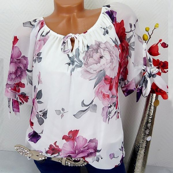 

plus size women short sleeve applique blouse print off shoulder blouse pullover stylish loose lady shirt, White