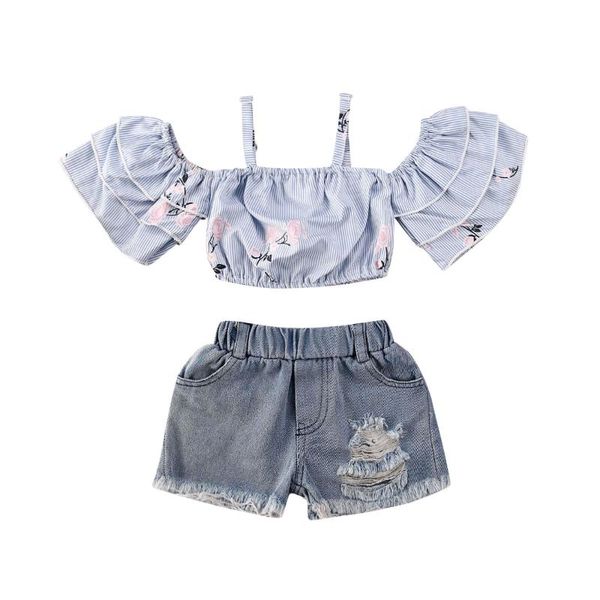 

clothing sets pudcoco kids girls summer 2pcs set striped flower printing ruffled sleeve short slip ripped shorts children, White