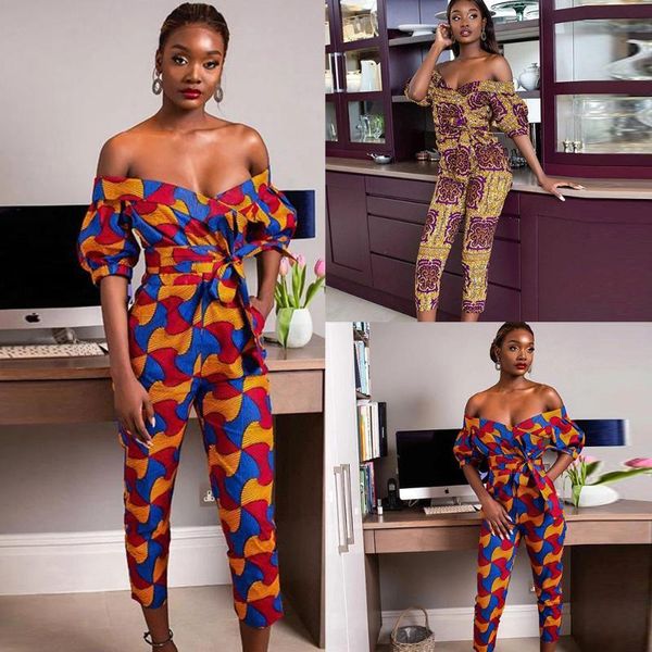 

dashiki women's african clothes off-shoulder v neck jumpsuit striped geometric pattern flower print ankara jumpsuit overalls, Red