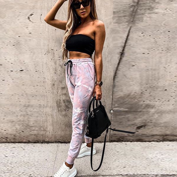 

women pants fashion tie dye pattern natural color pants casual elastic waist pencil pants women designer clothes, Black;white