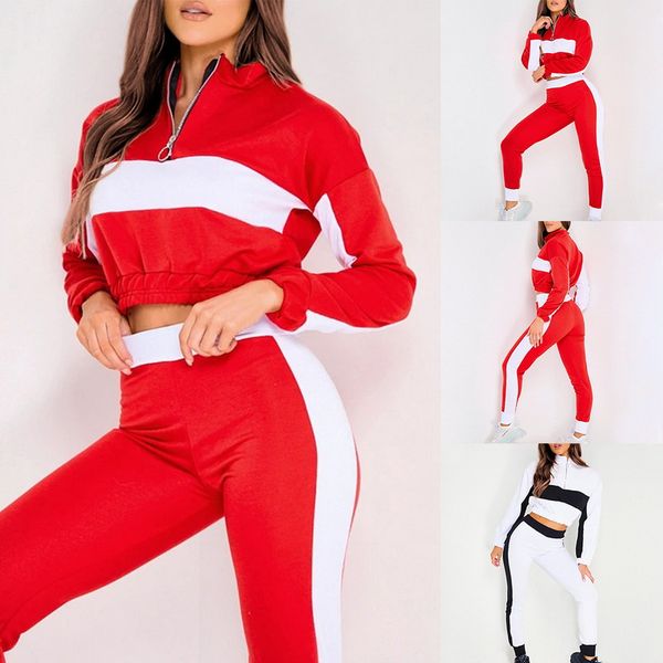 

stitching color women two piece set long sleeve zipper exposed navel high waist pants female fashion 2020 winter clothes, White;black