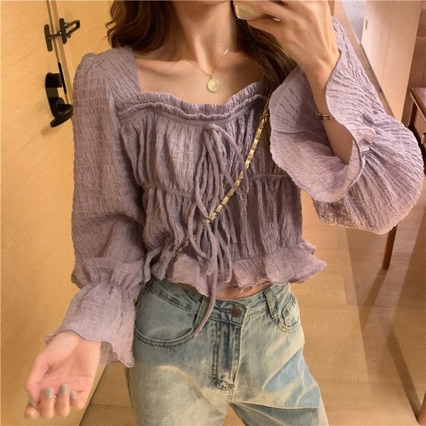 

ruffles blouse lace bow tie design shirt 2020 autumn sweet korean fashion shirts women butterfly sleeve blusas, White
