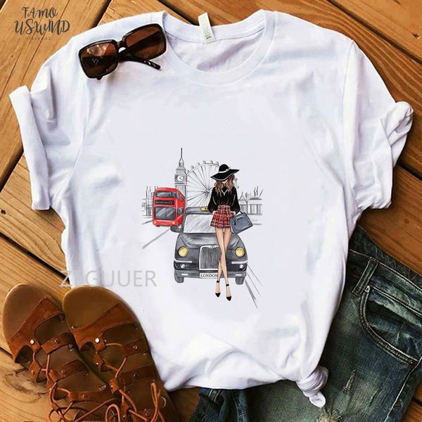 

london girl lovely t shirt vogue white tees 100% cotton soft o neck women t shirt coffee lady and car cap sleeve