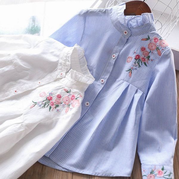 

22715 spring new girls' wooden ear collar embroidered shoulder striped shirt shoulder strap children's children's clothing, White;black