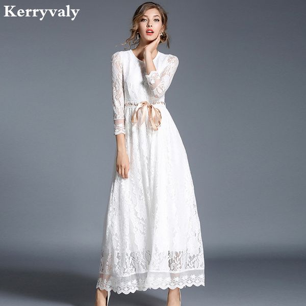 

high-end hollow out white lace dress women maxi dress robe femme ete 2020 autumn long party dresses vestido longo k9417, Black;gray