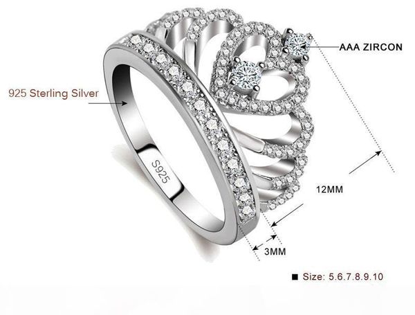 

j sent silver certificate 100 %925 sterling silver princess queen crown engagement ring luxury cz zircon jewelry kp017, Slivery;golden