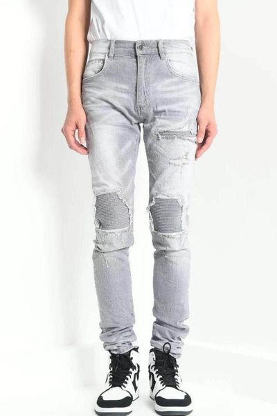 

men ribbed patch distressed skinny lt grey denim jean, Blue