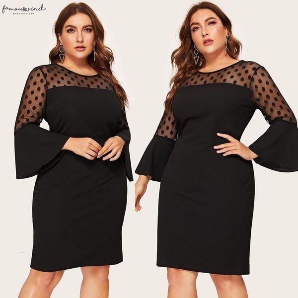 

fashion vestido dress women plus size o neck flare sleeve polka dot mesh patchwork midi dress party dresses jurken grote mat@45, Black;gray