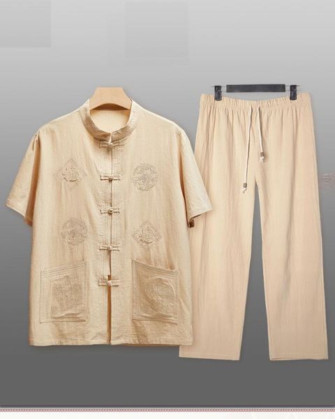 

pure cotton tang suit male chinese style hanfu summer short sleeve sets cotton linen men shirt and pants, Gray