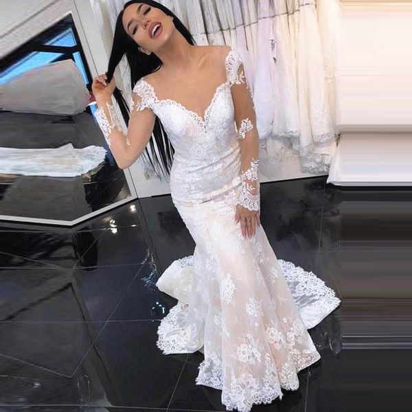 

setwell sweetheart mermaid wedding dresses illusion long sleeves backless lace appliques floor length bridal gowns, White
