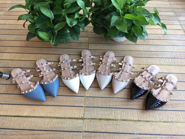 

women flat slippers slip on mules rivet t-strap slides slip on loafers ladies pointed toe 2-strap with studs sandals q-592 cs09, Black
