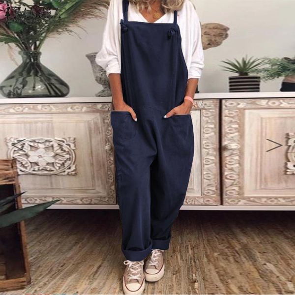

zanzea 2020 fashion women's jumpsuit suspender sleeveless casual wide legs jumpsuits loose pockets overalls long combinaison 5xl, Black;white