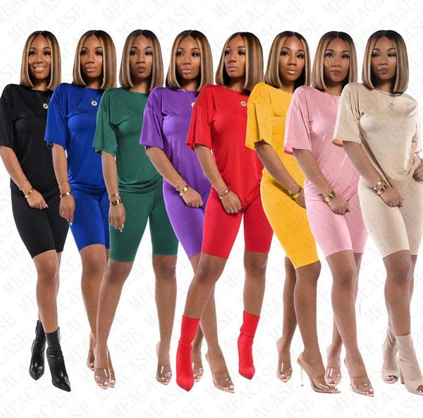 

women tracksuit two piece outfits casual round neck solid color slim short sleeve t shirt shorts leggings summer beach sports suits d71403, White