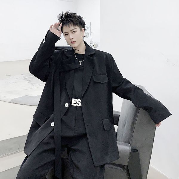 

new male japan streetstyle retro fashion casual ribbon blazer coat straight trouser men 2pcs suits sets jacket+pant, White;black