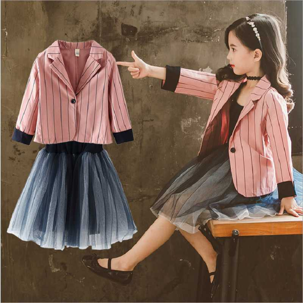 

new spring 2020 children's clothes suit for girls pink suit tutu cake sling skirt 2pcs kids clothes set girls, White