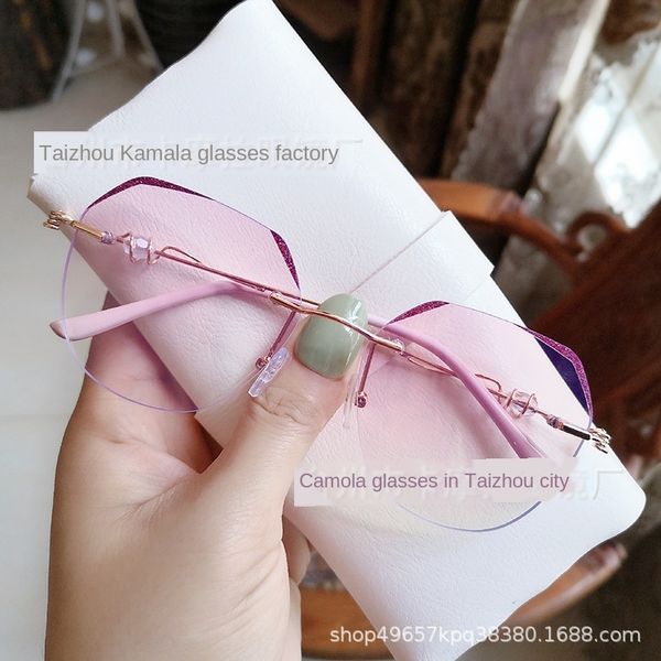 

new irregular frameless pearl crystal flash border anti-blue pearl glasses ins web red plain glasses, Silver