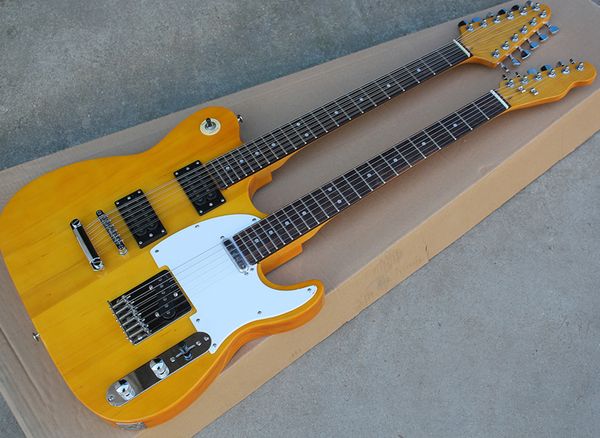 Venda direta da fábrica 12 + 6 cordas amarelo guitarra elétrica dupla pescoço com Rosewood fretboard, captadores Humbucker, hardwares Chrome