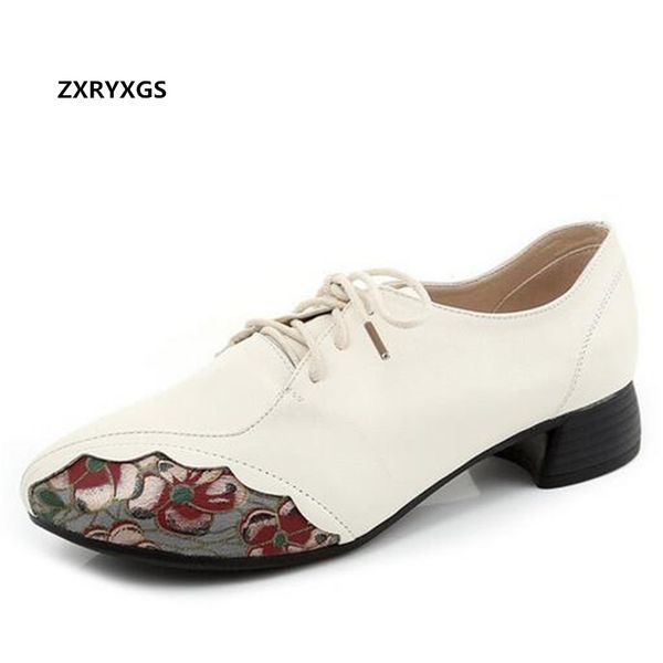 

2020 new autumn classic cowhide printing leather shoes woman thick heels elegant comfort fashion shoes casual low heel shoe, Black