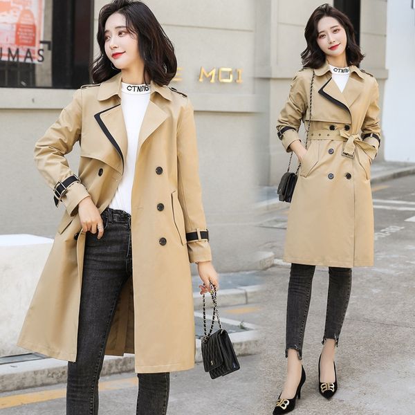 

l2jun women's 2020 early spring new korean style slim mid-length coat small contrast color lace-up windbreaker lacelace lacewindbreaker, Tan;black