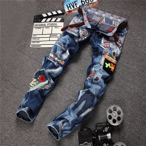 

summer new hole patch and badge jeans men's jeans personalized badge slim fit men's long pants, Blue