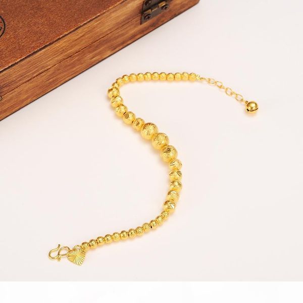 

17cm + 4cm lengthen ball bangle women 24k real solid yellow gold round beads bracelets jewelry hand chain heart tapestried, Black