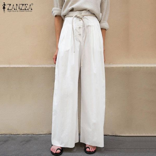 

zanzea women's pants 2020 fashion wide leg trousers long pantalon solid high waist pockets palazzo loose streetwear bottoms 7, Black;white