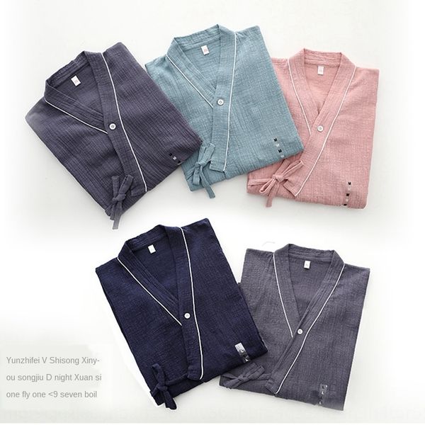 

cptdt japanese kimono pajamas home clothes set men's and women's autumn cotton gauze washed bamboo cotton sweat steamed couple&#03, Blue;red