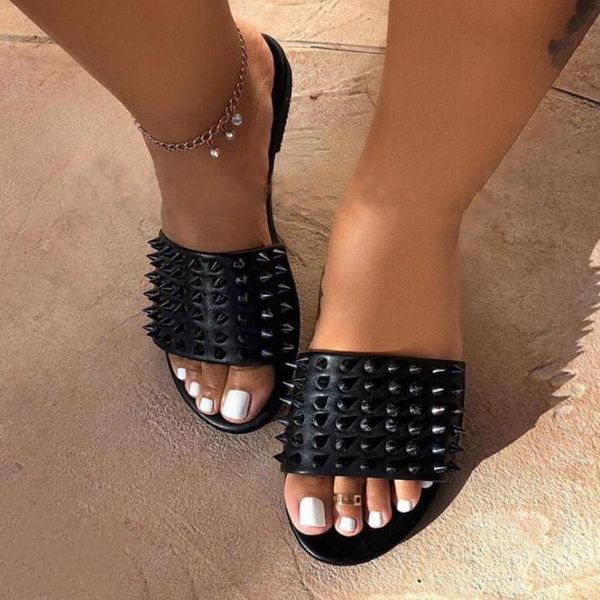 

wild leather female slippers candy color flat with women sandals beach slippers size 35-43 zapatos de mujer, Black