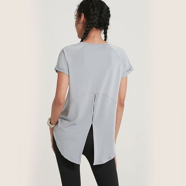 

yoga outfits 2021 back fork opening bandage sports t-shirt women loose breathable jogging fitness t shirts quick-drying running, White;red