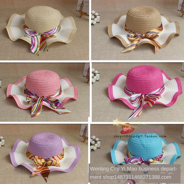 

korean summer beach straw straw wavy edge woven sunscreen sun hat seaside holiday big eaves wavy hat, Blue;gray