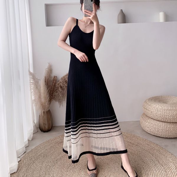 

2020 summer woman vintage dress sleeveless spaghetti strap long dress breathable ice silk knitted sweater vestidos, Black;gray