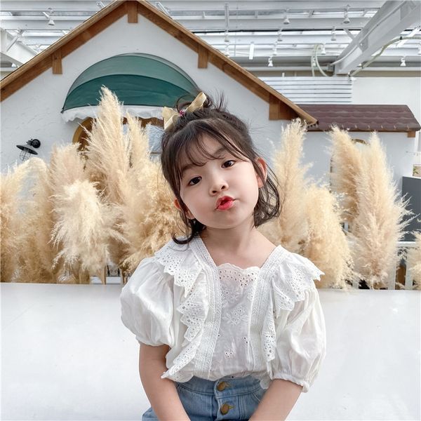 

girls korean bubble sleeve doll baby 2020 summer dress foreign doll white shirt style lace white shirt fashion, White;black