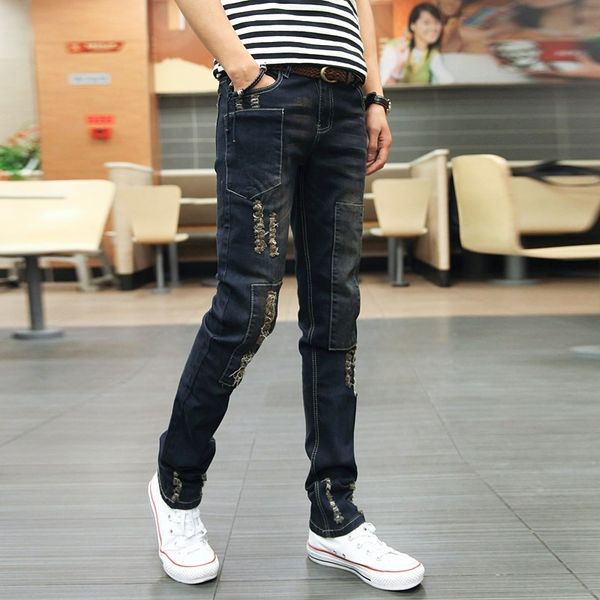 

jqztr отверстие непосильным джинсовые брюки мужские и джинсы брюки и джинсы почвы приталенный теленка тонкие ноги моды в корейском стиле мед, Blue