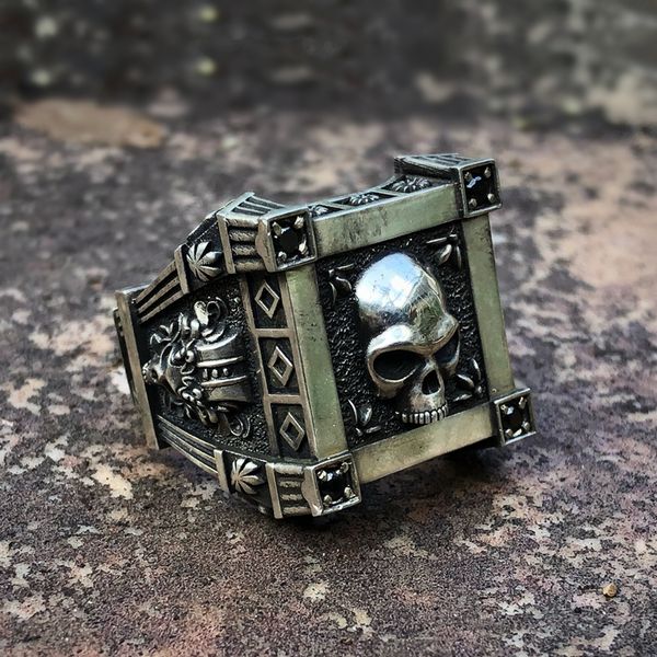 

gothic skull flower black zircon crystal stainless steel signet ring fashion mens and woman punk biker jewelry, Silver