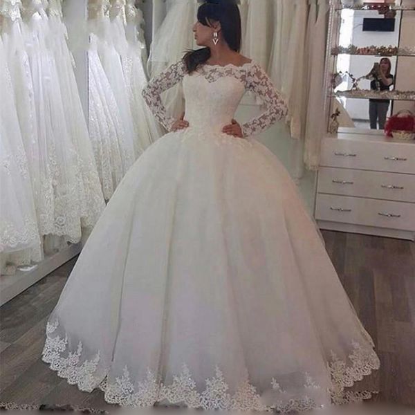 

princess ball gown luxury wedding dresses lace appliques off the shoulder long sleeves bridal dresses formal gowns plus size, White