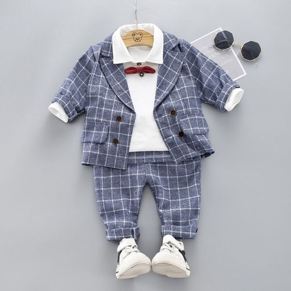 

boys clothing sets plad suit 3pcs kids boys formal suit sets children jacket + pants + shirt with bow clothing set, White