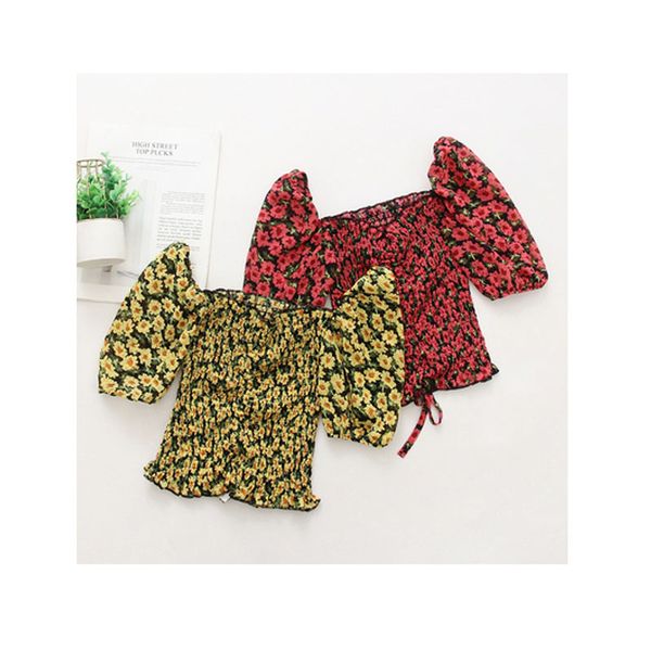 

2020 european and american women's summer new floral chiffon wrapped chest and navel short chiffon shirt high quality, White