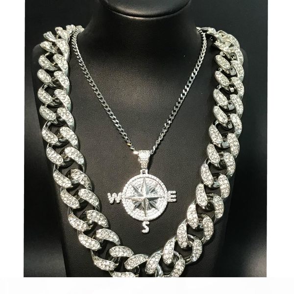 

men necklace hip hop gold sliver iced out crystal miami cuban compass rock 2cm pendant bling rapper men jewelry street dance, Silver