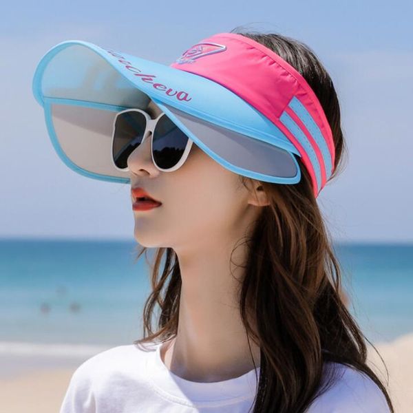 

siloqin 2019 new summer women's spacious sun hats novel visor retractable empty cap adjustable size women fashion beach hat y200619, Blue;gray
