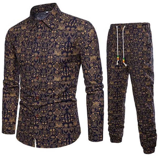 

mens tracksuit fashion styel slim sets mens long sleeve business shirt floral printed winter sets and pants asian size, Gray
