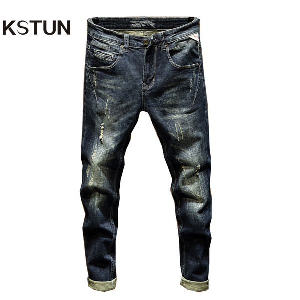 

kstun biker jeans for men ripped jeans pants slim fit dark blue stretch hip hop streetwear frayed mens clothing jean slim homme