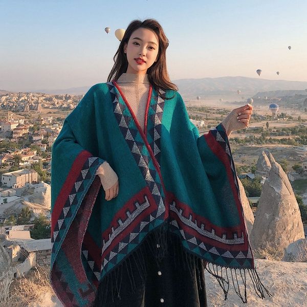 

season new imitation cashmere women's thickened warm geometric split family wind tassel warm shawl cloak shawl cloak, Blue;gray