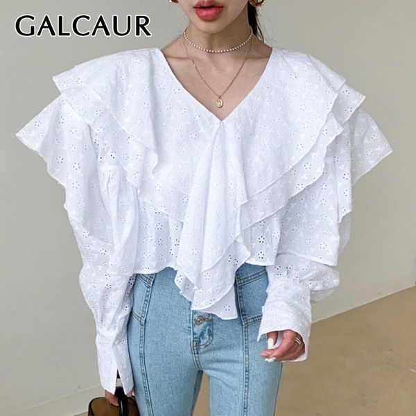 

galcaur korean patchwork lace ruffle shirt woman v neck butterfly sleeve hollow out oversize loose blouse female summer new 2020, White