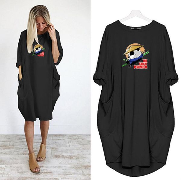 

plus size designer women dresses with cute pattern summer crew neck panelled ladies dresses casual loose long sleeve apparel 6 colors, Black;gray