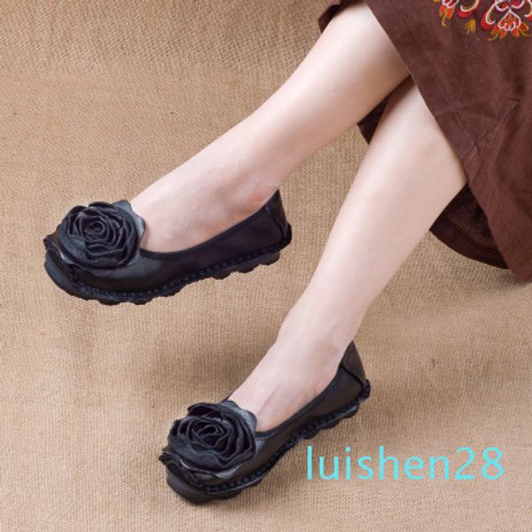 

flat shoes 2020 fashion flower design round toe solid color vintage genuine leather women flats handmade women's shoes l28, Black