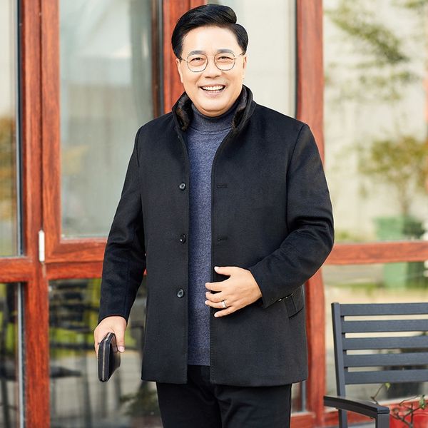 

tkngu mink fur liner large size woolen coat for middle-aged and warm woolwindbreaker wool elderly men new mid-length woolen trench coat warm, Black